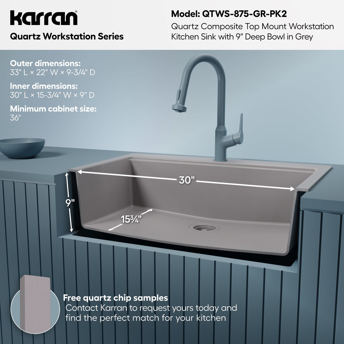 33" Top Mount Single Bowl Quartz Kitchen Sink Kit In Grey