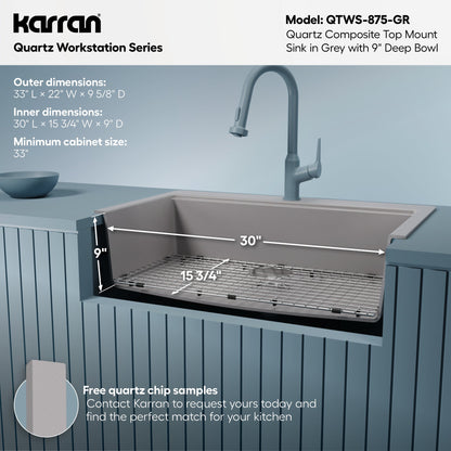 33" Top Mount Large Single Bowl Quartz Composite Workstation Kitchen Sink In Grey