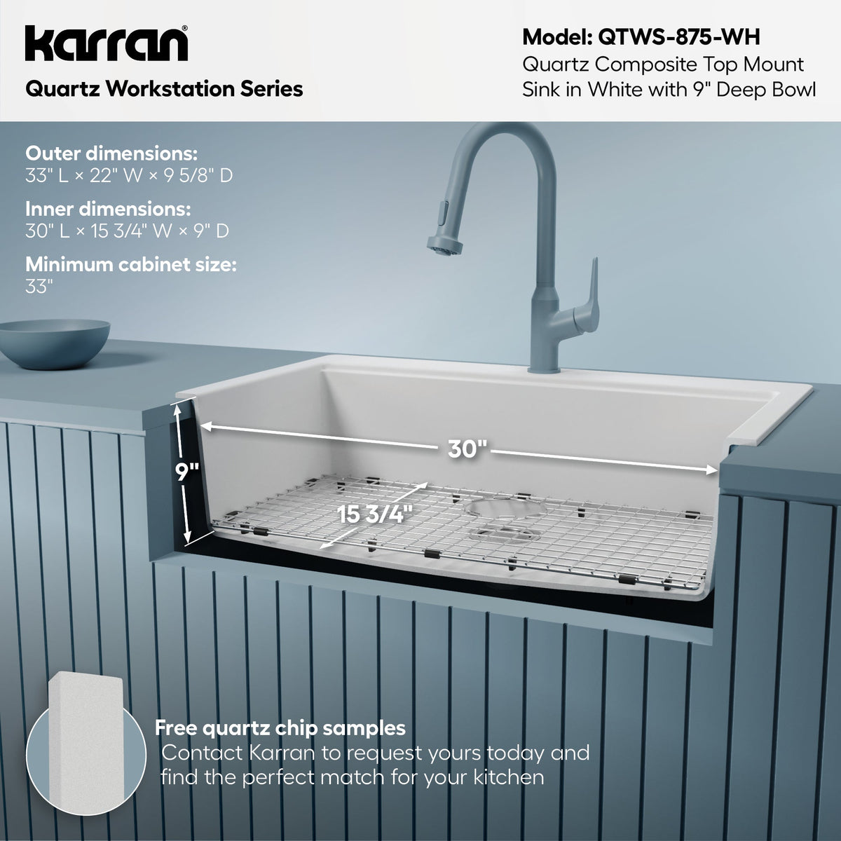 33" Top Mount Large Single Bowl Quartz Composite Workstation Kitchen Sink In White