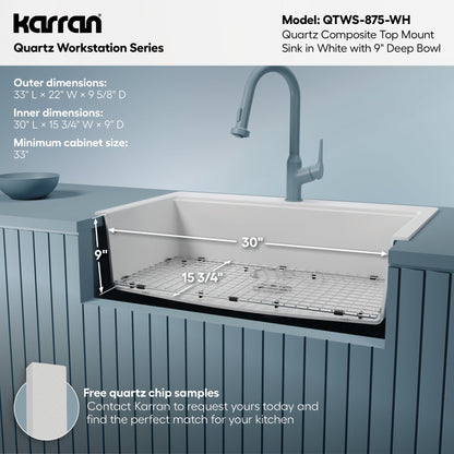 33" Top Mount Large Single Bowl Quartz Composite Workstation Kitchen Sink In White