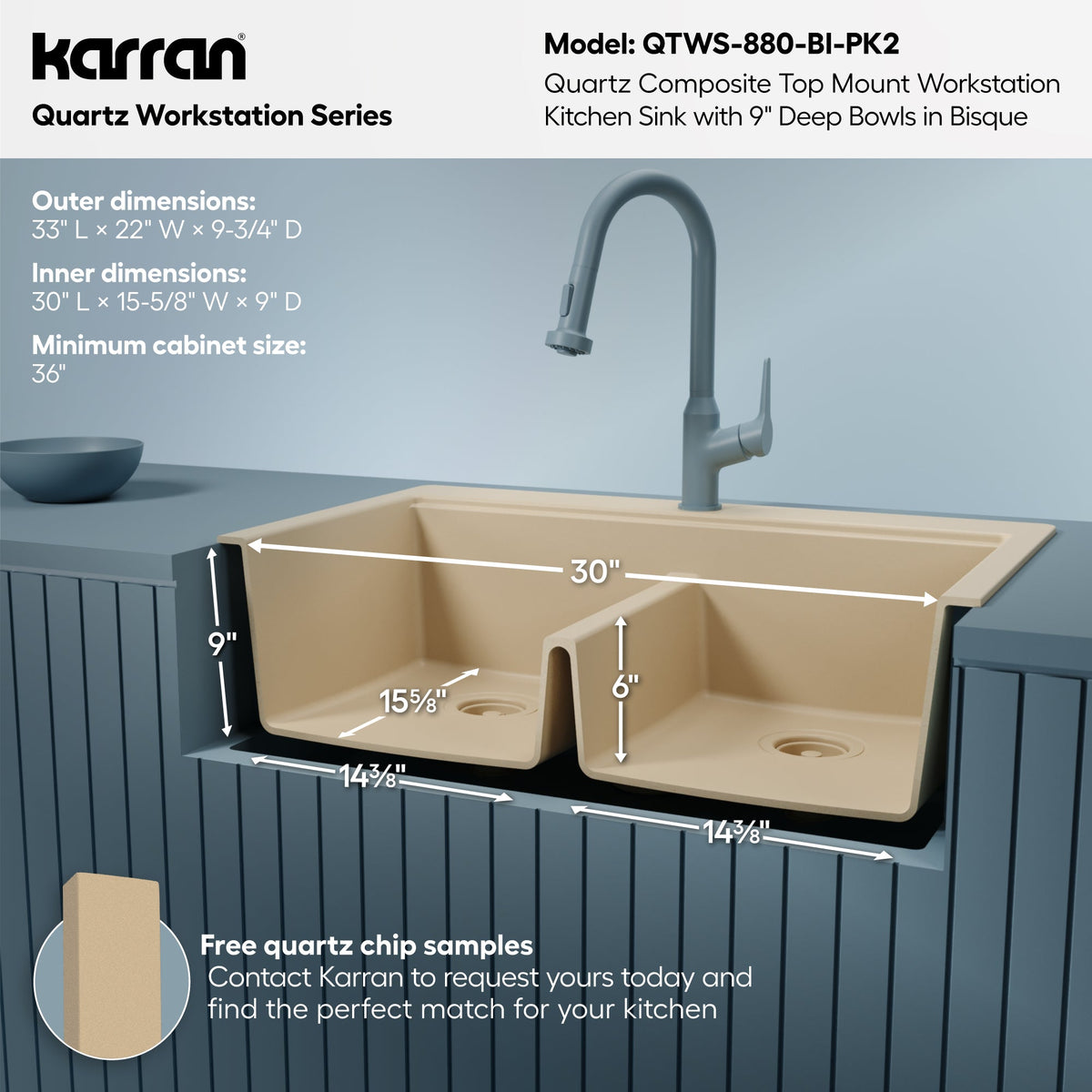 33" Top Mount Double Bowl Quartz Kitchen Sink Kit In Bisque