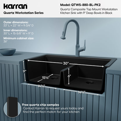 33" Top Mount Double Bowl Quartz Kitchen Sink Kit In Black