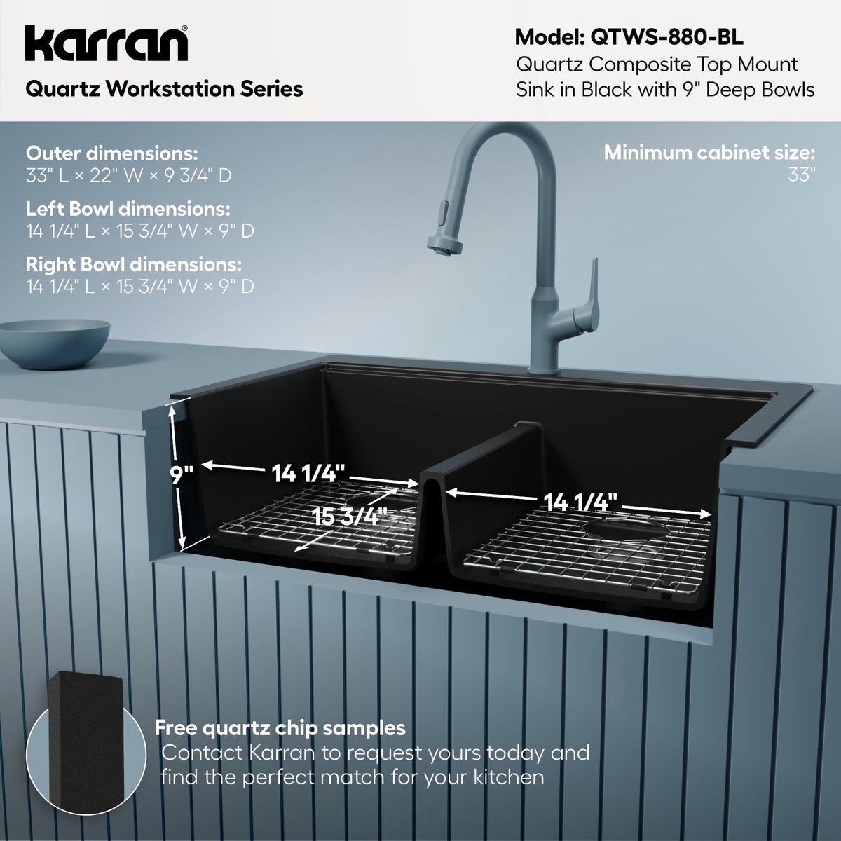 33" Top Mount Double Equal Bowl Quartz Composite Workstation Kitchen Sink In Black