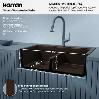 33" Top Mount Double Bowl Quartz Kitchen Sink Kit In Brown