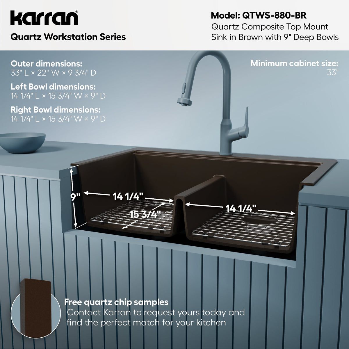 33" Top Mount Double Equal Bowl Quartz Composite Workstation Kitchen Sink In Brown