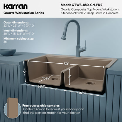 33" Top Mount Double Bowl Quartz Kitchen Sink Kit In Concrete