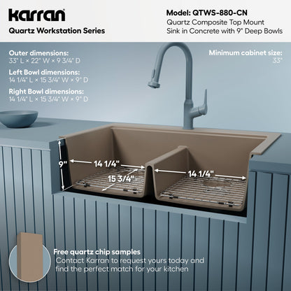 33" Top Mount Double Equal Bowl Quartz Composite Workstation Kitchen Sink In Concrete