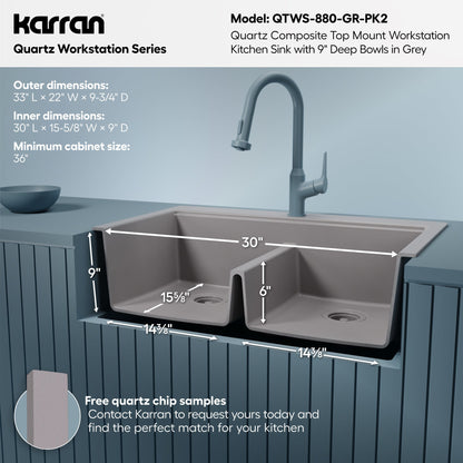 33" Top Mount Double Bowl Quartz Kitchen Sink Kit In Grey