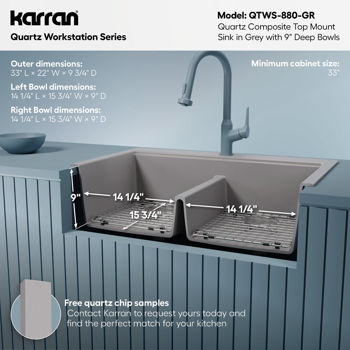 33" Top Mount Double Equal Bowl Quartz Composite Workstation Kitchen Sink In Grey
