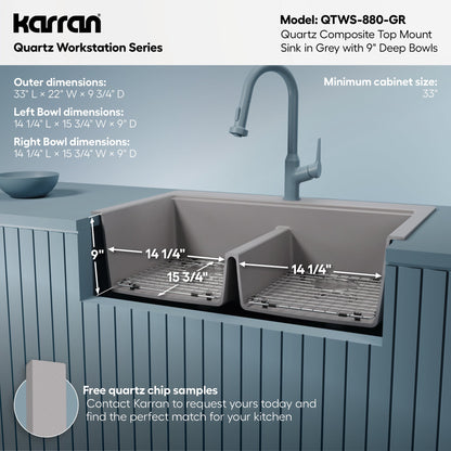 33" Top Mount Double Equal Bowl Quartz Composite Workstation Kitchen Sink In Grey