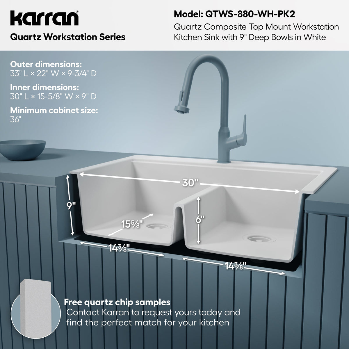 33" Top Mount Double Bowl Quartz Kitchen Sink Kit In White