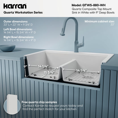 33" Top Mount Double Equal Bowl Quartz Composite Workstation Kitchen Sink In White