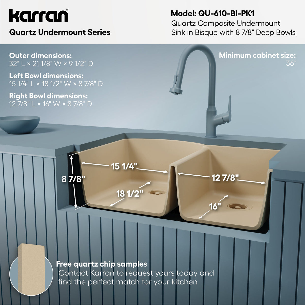32-1/4" Undermount Double Offset Bowl Quartz Composite Kitchen Sink Kit In Bisque