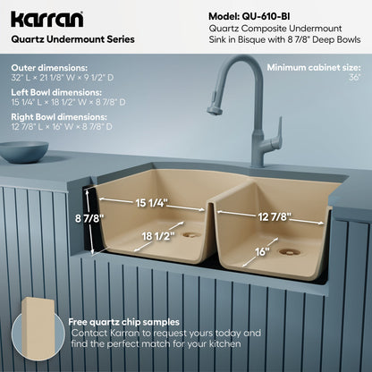 32-1/4" Undermount Double Offset Bowl Quartz Composite Kitchen Sink In Bisque
