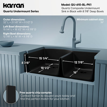 32-1/4" Undermount Double Offset Bowl Quartz Composite Kitchen Sink Kit In Black