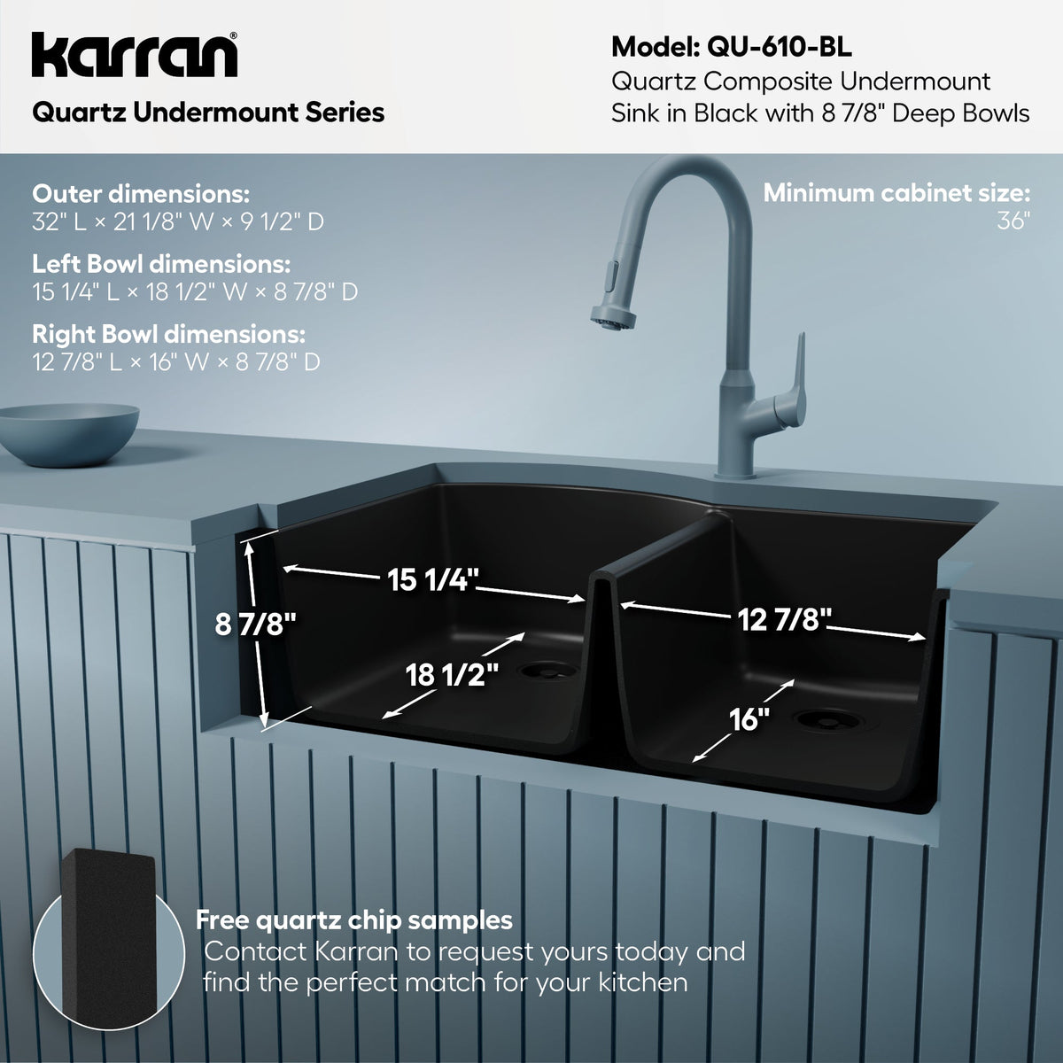 32-1/4" Undermount Double Offset Bowl Quartz Composite Kitchen Sink In Black