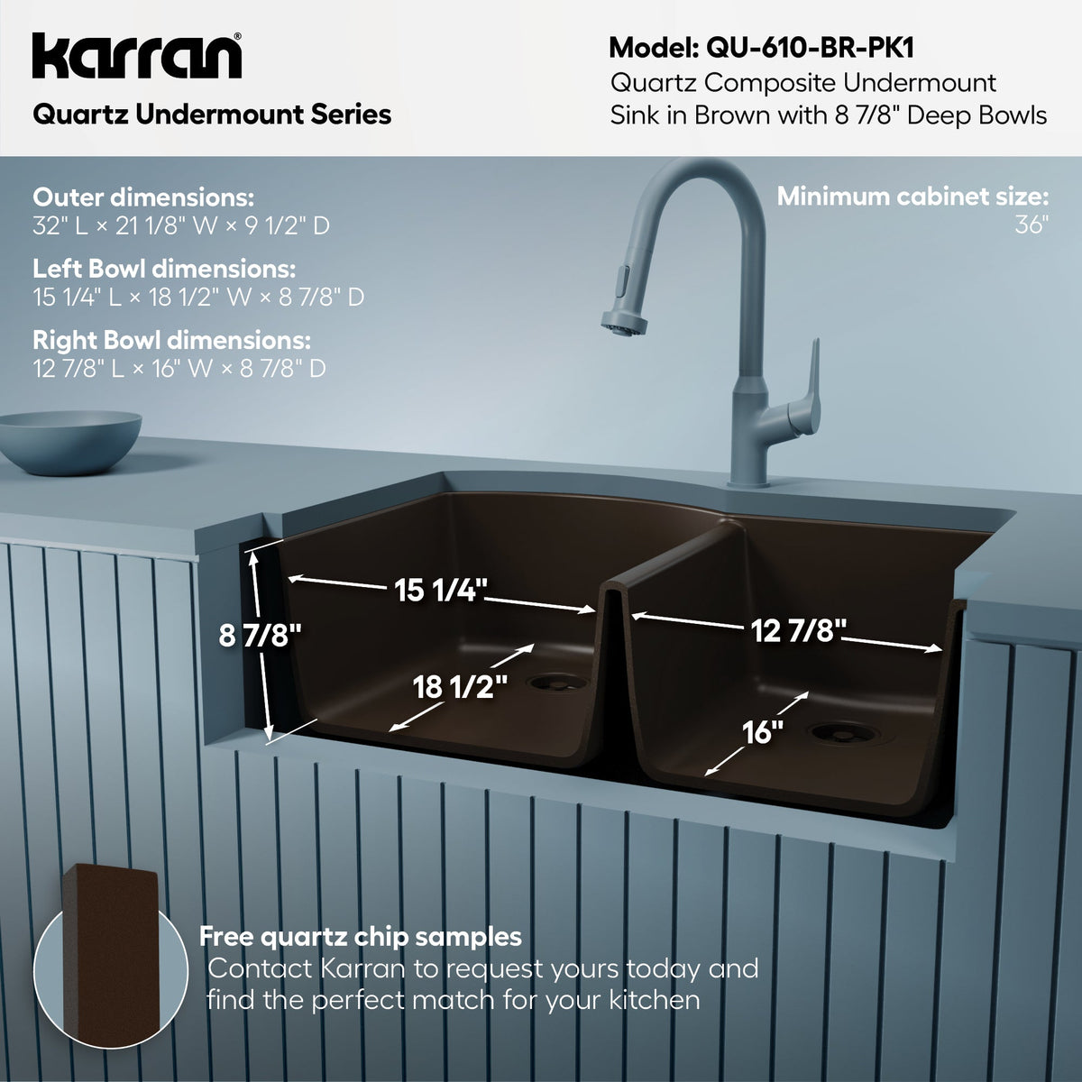 32-1/4" Undermount Double Offset Bowl Quartz Composite Kitchen Sink Kit In Brown