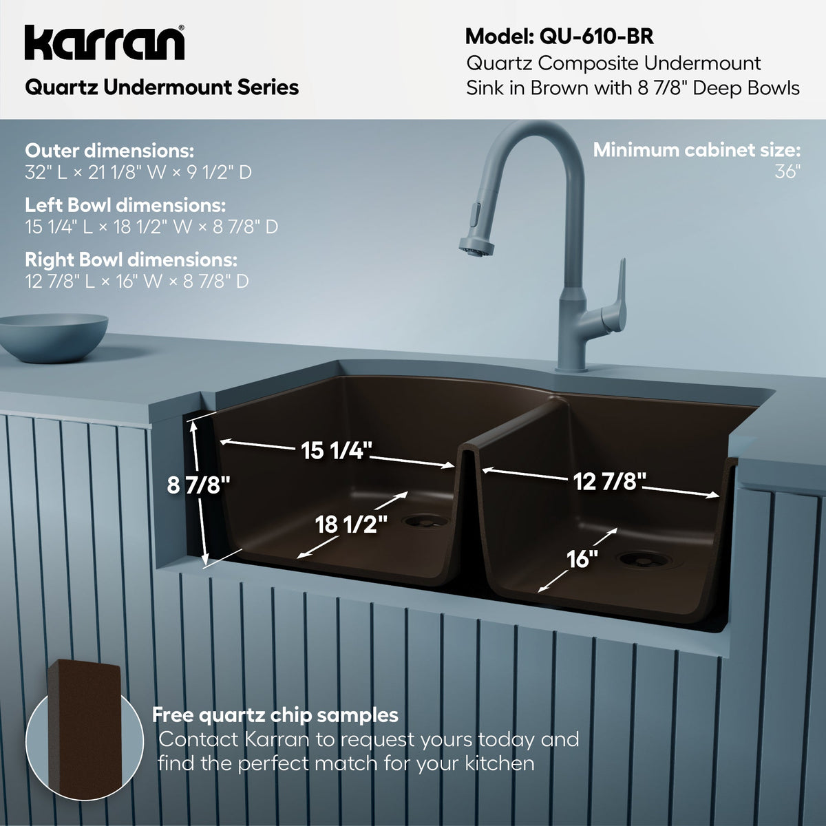 32-1/4" Undermount Double Offset Bowl Quartz Composite Kitchen Sink In Brown