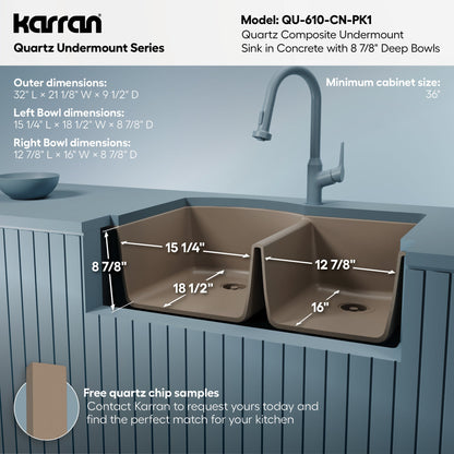 32-1/4" Undermount Double Offset Bowl Quartz Composite Kitchen Sink Kit In Concrete
