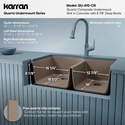 32-1/4" Undermount Double Offset Bowl Quartz Composite Kitchen Sink In Concrete