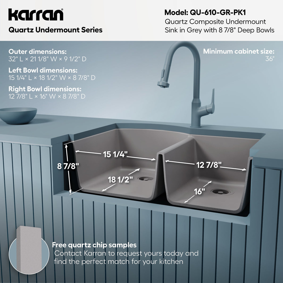 32-1/4" Undermount Double Offset Bowl Quartz Composite Kitchen Sink Kit In Grey