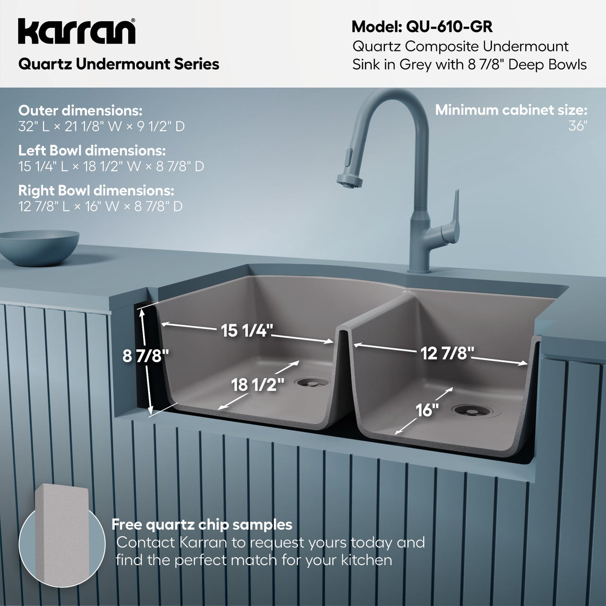 32-1/4" Undermount Double Offset Bowl Quartz Composite Kitchen Sink In Grey