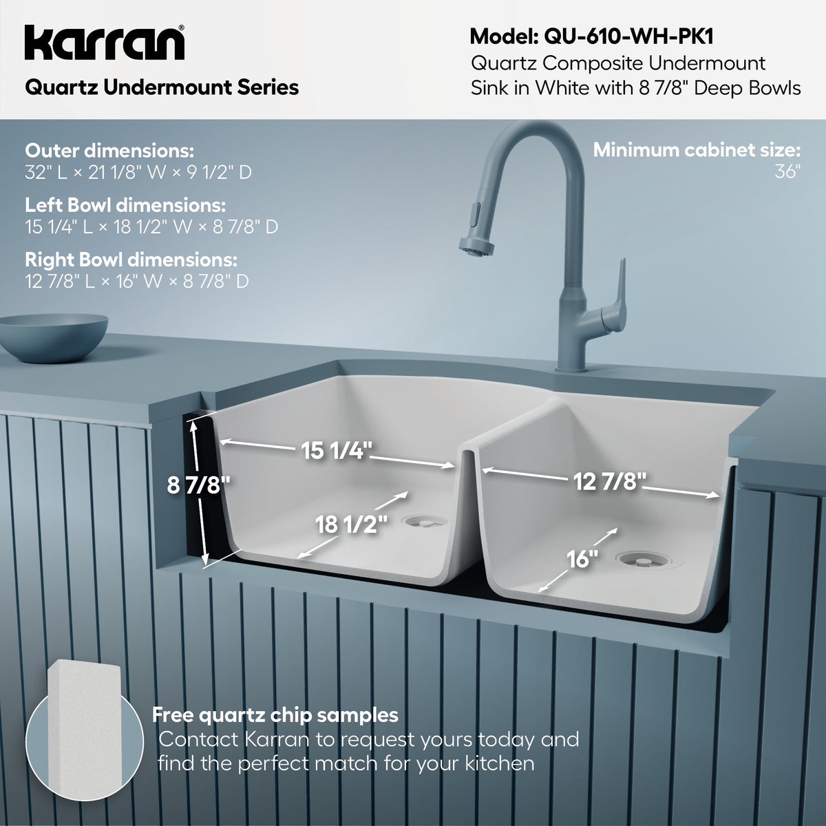 32-1/4" Undermount Double Offset Bowl Quartz Composite Kitchen Sink Kit In White