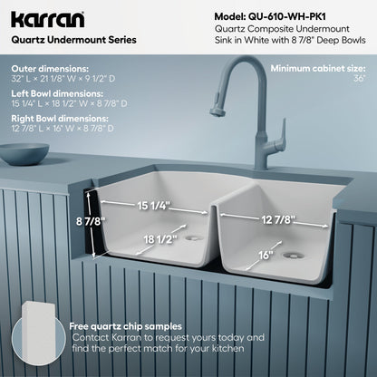 32-1/4" Undermount Double Offset Bowl Quartz Composite Kitchen Sink Kit In White