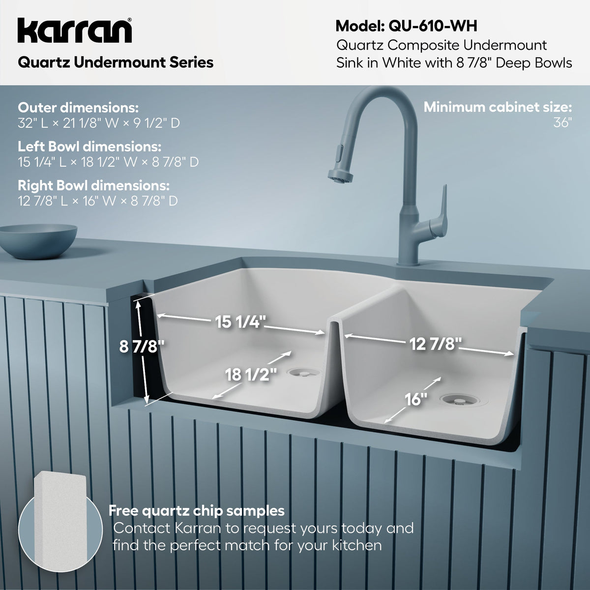 32-1/4" Undermount Double Offset Bowl Quartz Composite Kitchen Sink In White
