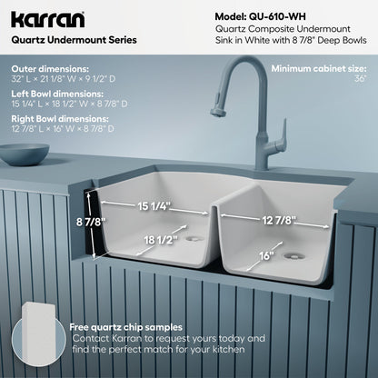 32-1/4" Undermount Double Offset Bowl Quartz Composite Kitchen Sink In White