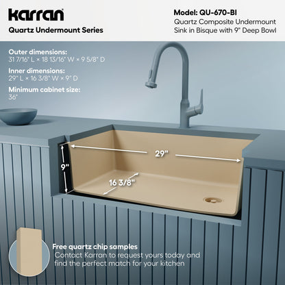 31-5/8" Undermount Large Single Bowl Quartz Composite Kitchen Sink In Bisque