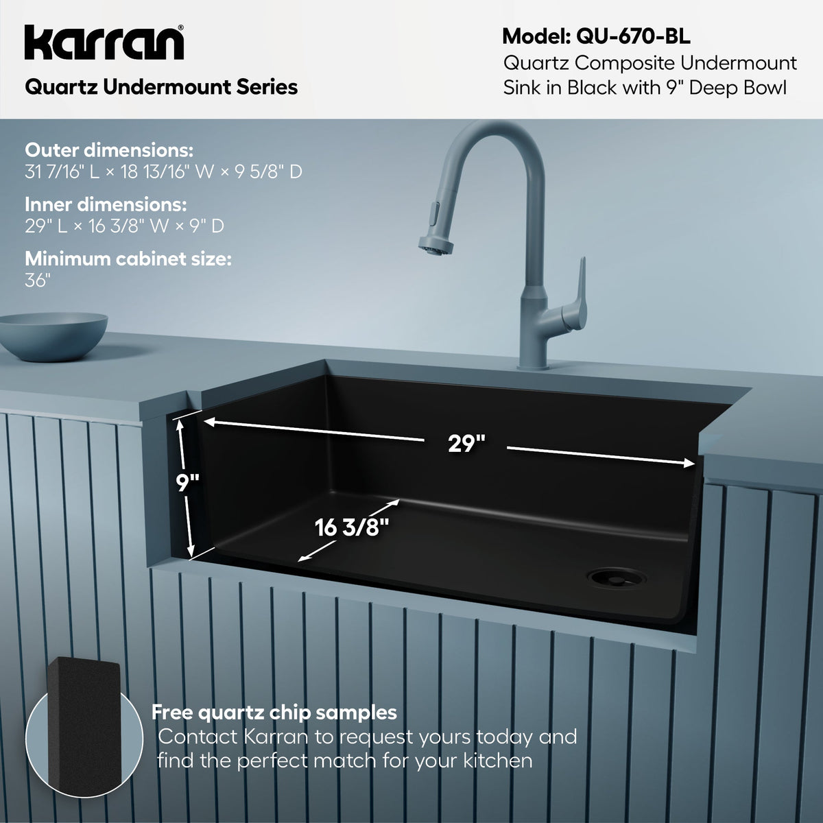 31-5/8" Undermount Large Single Bowl Quartz Composite Kitchen Sink In Black