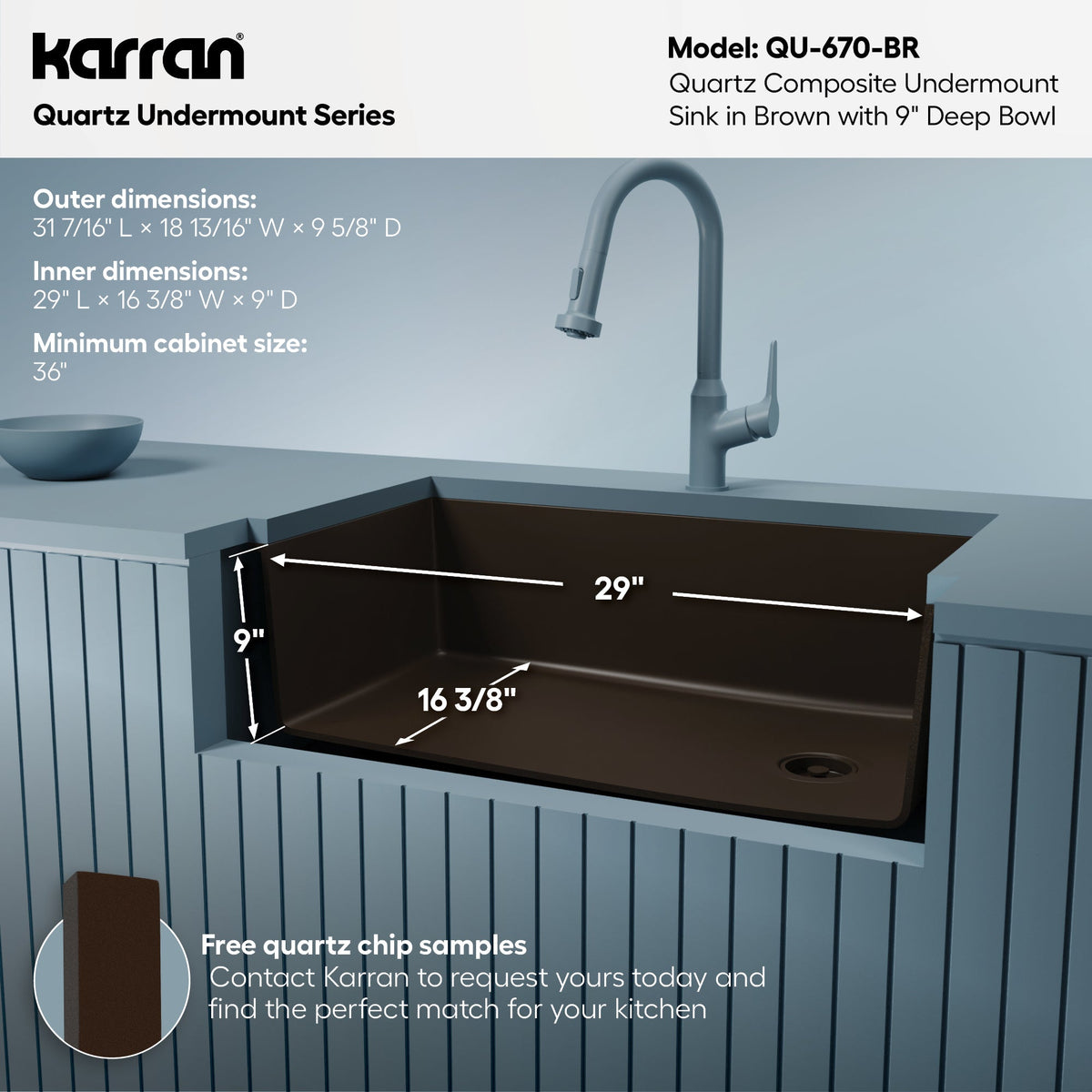 31-5/8" Undermount Large Single Bowl Quartz Composite Kitchen Sink In Brown
