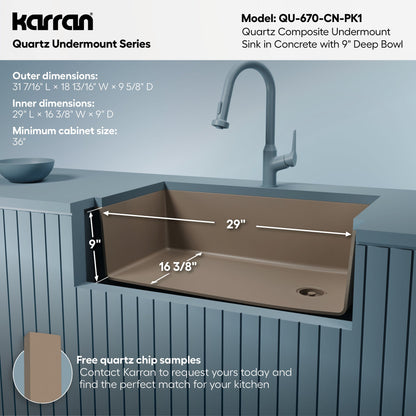 31-5/8" Undermount Large Single Bowl Quartz Composite Kitchen Sink Kit In Concrete