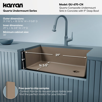 31-5/8" Undermount Large Single Bowl Quartz Composite Kitchen Sink In Concrete