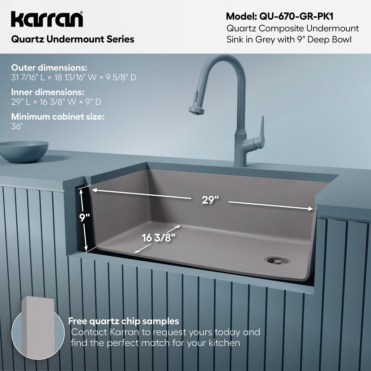 31-5/8" Undermount Large Single Bowl Quartz Composite Kitchen Sink Kit In Grey
