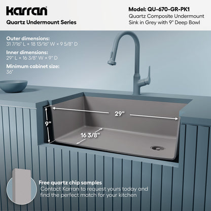 31-5/8" Undermount Large Single Bowl Quartz Composite Kitchen Sink Kit In Grey