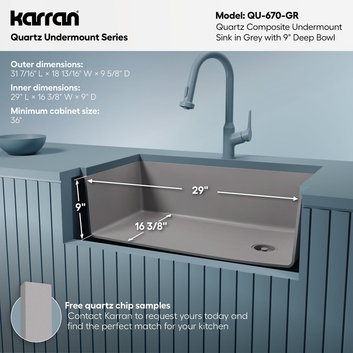31-5/8" Undermount Large Single Bowl Quartz Composite Kitchen Sink In Grey
