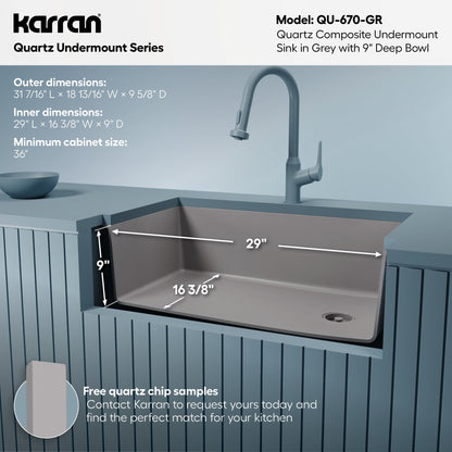 31-5/8" Undermount Large Single Bowl Quartz Composite Kitchen Sink In Grey