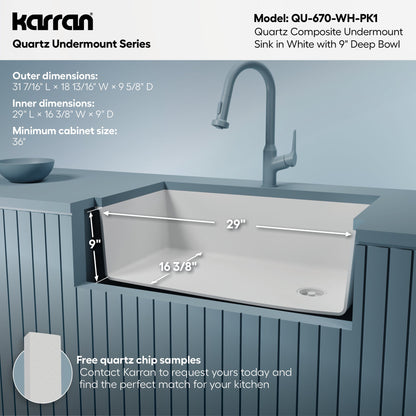 31-5/8" Undermount Large Single Bowl Quartz Composite Kitchen Sink Kit In White