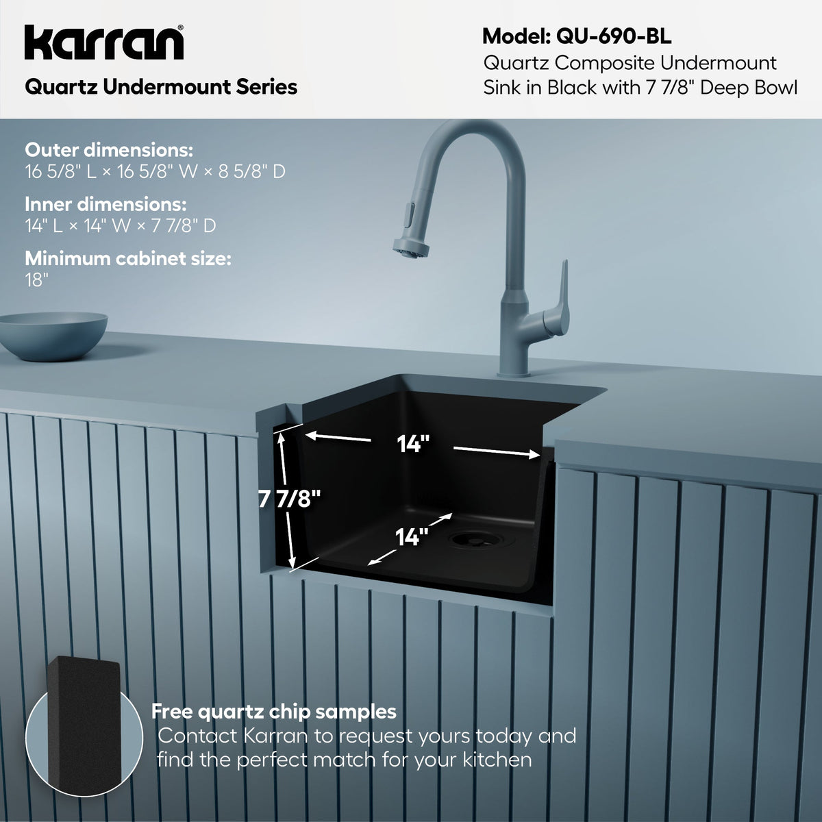 16-5/8" Undermount Quartz Composite Bar/Prep Sink In Black