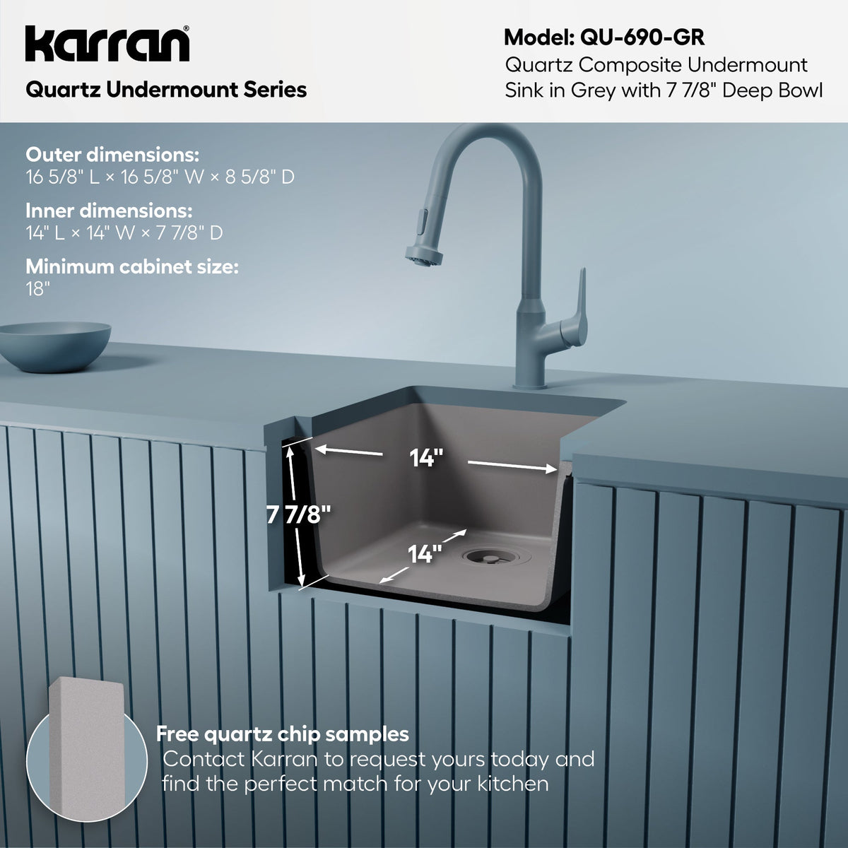 16-5/8" Undermount Quartz Composite Bar/Prep Sink In Grey