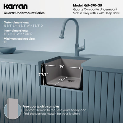 16-5/8" Undermount Quartz Composite Bar/Prep Sink In Grey