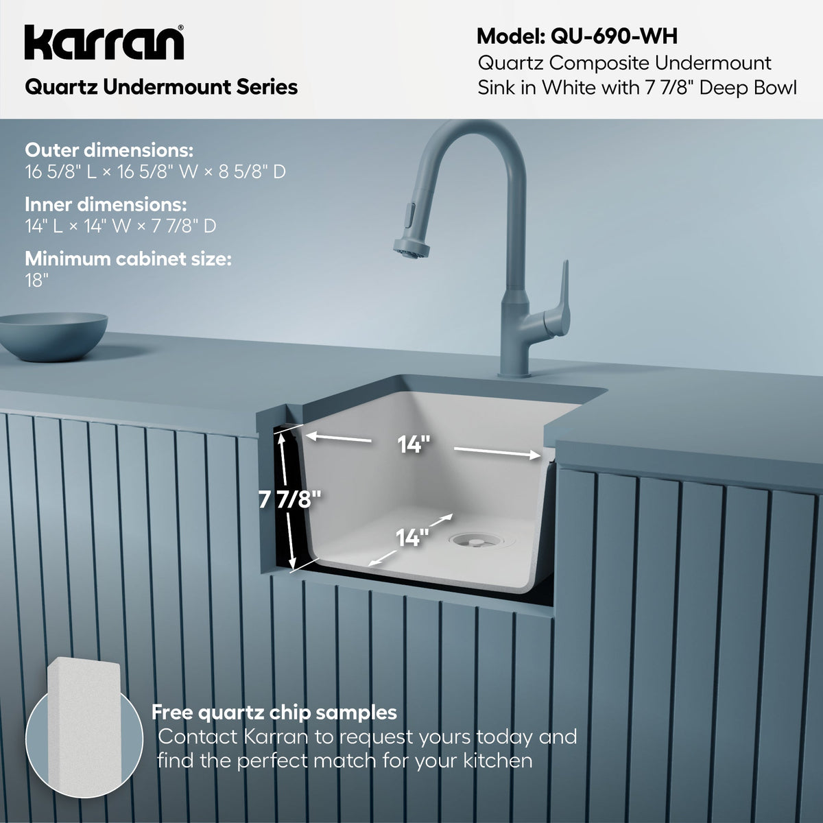 16-5/8" Undermount Quartz Composite Bar/Prep Sink In White