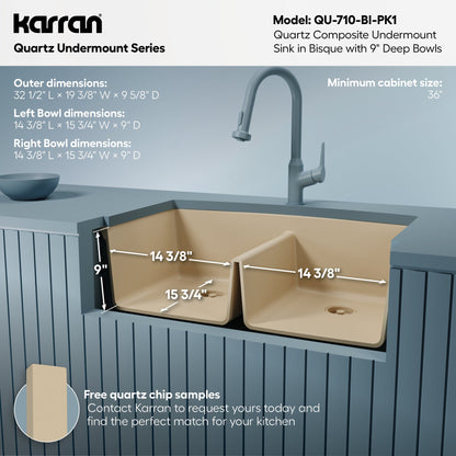 32-1/2" Undermount Double Equal Bowl Quartz Composite Kitchen Sink Kit In Bisque