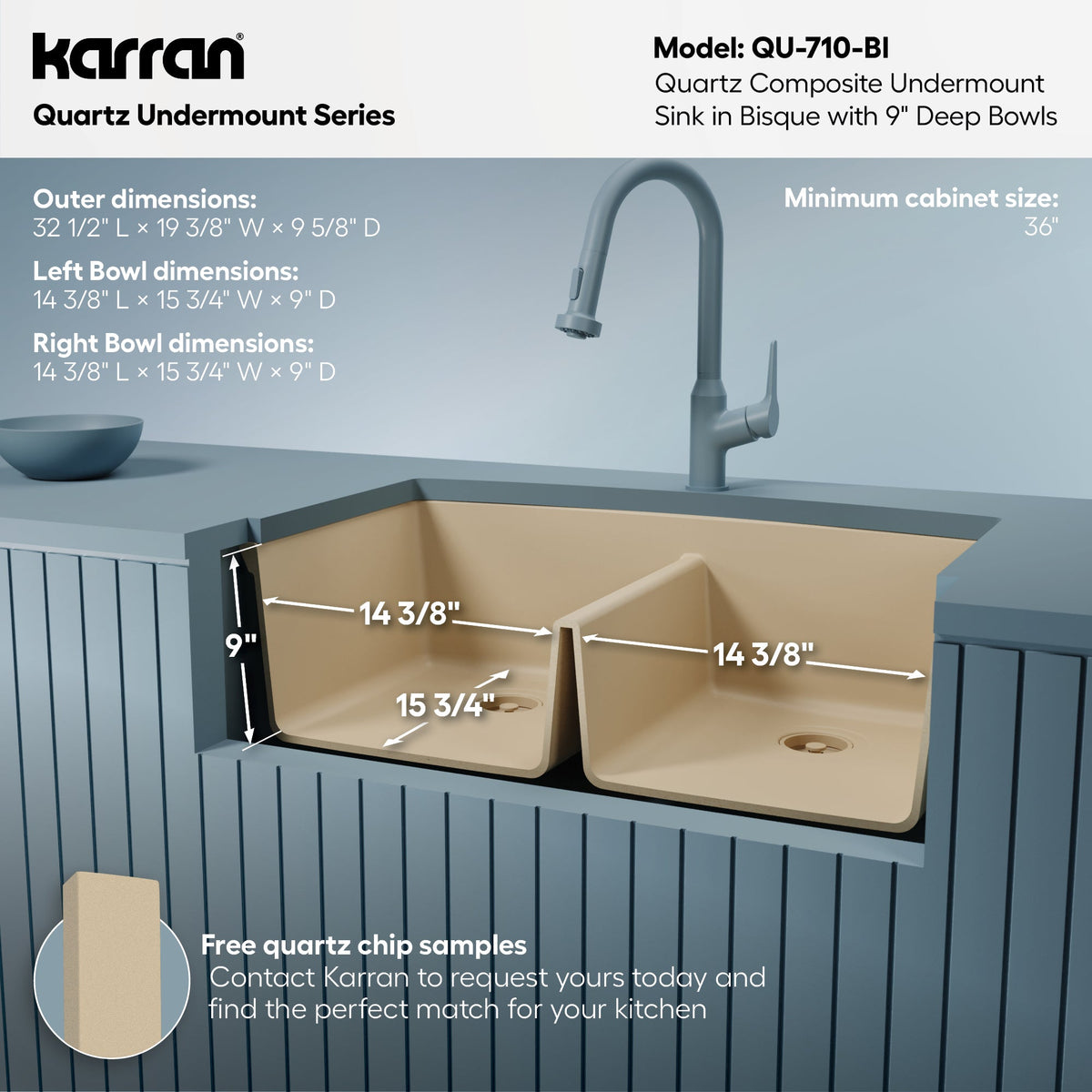 32-1/2" Undermount Double Equal Bowl Quartz Composite Kitchen Sink In Bisque