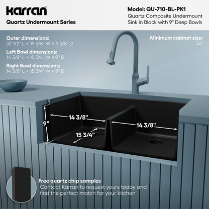 32-1/2" Undermount Double Equal Bowl Quartz Composite Kitchen Sink Kit In Black