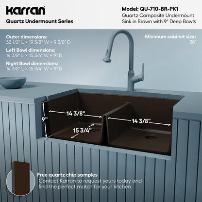 32-1/2" Undermount Double Equal Bowl Quartz Composite Kitchen Sink Kit In Brown