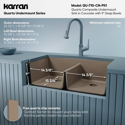 32-1/2" Undermount Double Equal Bowl Quartz Composite Kitchen Sink Kit In Concrete