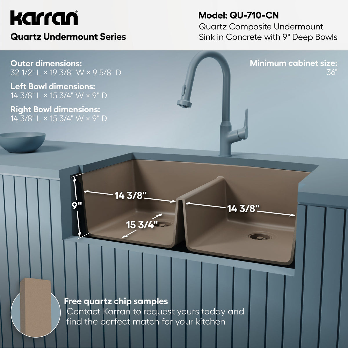 32-1/2" Undermount Double Equal Bowl Quartz Composite Kitchen Sink In Concrete